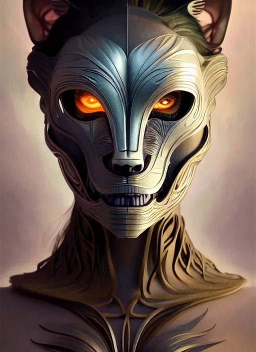 Image similar to organic cyborg, wolf mask opening to reveal radiant beautiful face, diffuse lighting, fantasy, intricate, elegant, highly detailed, lifelike, photorealistic, digital painting, artstation, illustration, concept art, smooth, sharp focus, art by John Collier and Albert Aublet and Krenz Cushart and Artem Demura and Alphonse Mucha