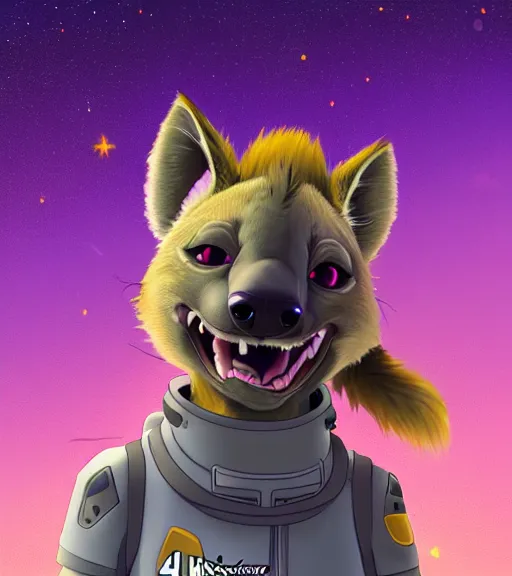 Image similar to digital detailed art of furry female hyena, in style of zootopia, fursona, furry, furaffinity, 4 k, deviantart, wearing astronaut outfit, in style of disney zootopia, floating in space, space background, hyena fursona, cyberpunk, female, detailed face, style of artgerm,