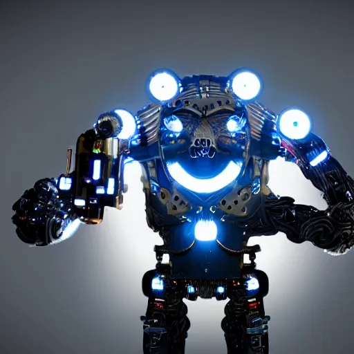 Image similar to an immaculate high key lighting headshot rendering of a cybernetic grizzly with embedded LEDs, a cybernetic eye, and an exoskeleton.