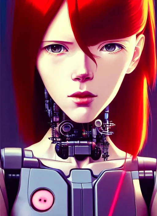 Image similar to side portrait of redhead cyborg girl with robotic parts | | head only in center of image, audrey plaza, fine detail!! anime!! realistic shaded lighting!! poster by ilya kuvshinov katsuhiro otomo ghost - in - the - shell, magali villeneuve, artgerm, jeremy lipkin and michael garmash and rob rey