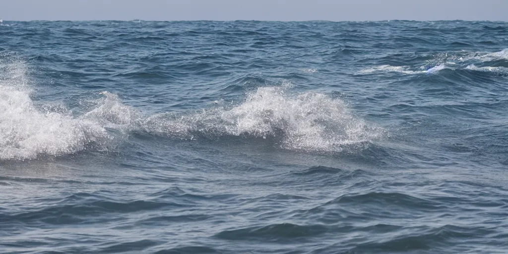 Prompt: shark fins visible through the waves from a rocky shore