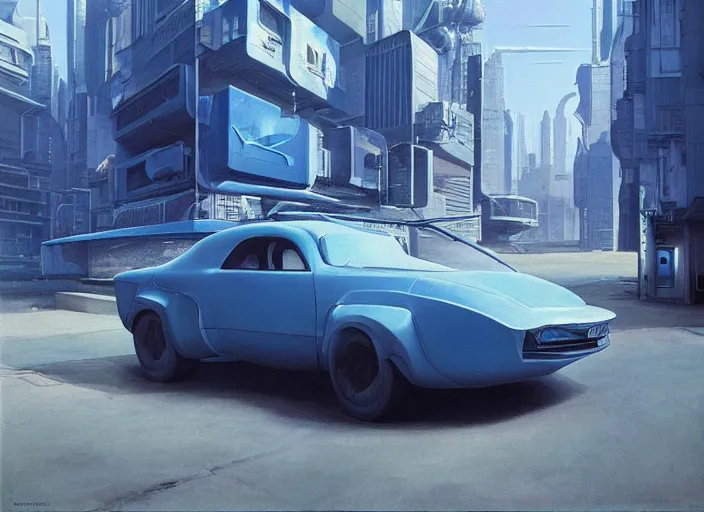 Image similar to a blue car driving down a street next to tall buildings, cyberpunk art by Chesley Bonestell, cgsociety, retrofuturism, matte painting, reimagined by industrial light and magic