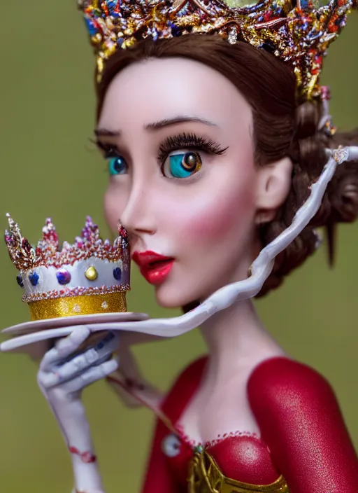 Image similar to closeup face profile portrait of a tin toy fairytale princess wearing a crown eating cakes in the castle, bikini, depth of field, zeiss lens, detailed, symmetrical, centered, fashion photoshoot, by nicoletta ceccoli, mark ryden, lostfish, breathtaking, 8 k resolution, extremely detailed, beautiful, establishing shot, artistic, hyperrealistic, octane render