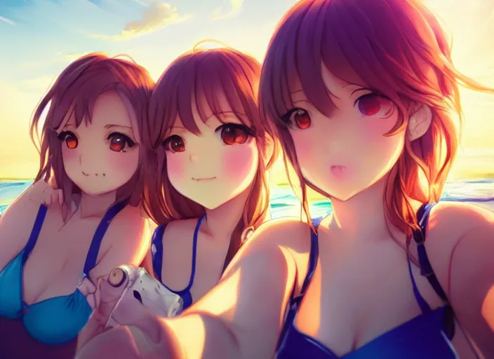 Prompt: polaroid of 4 anime girls taking a selfie on the beach, slice of life, highly detailed features, close up of face, golden hour, perfect art, trending on pivix fanbox, art by rossdraws, wlop, artgerm.