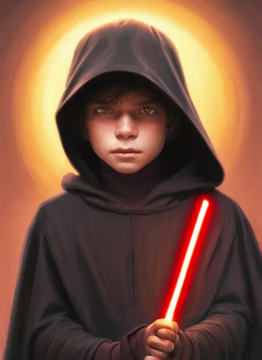 Image similar to perfectly - centered - portrait of a kid wearing black cloak holding light saber, intricate, highly detailed, digital painting, artstation, concept art, smooth, sharp focus, illustration, unreal engine 5, 8 k, art by artgerm and greg rutkowski and alphonse mucha and sam spratt