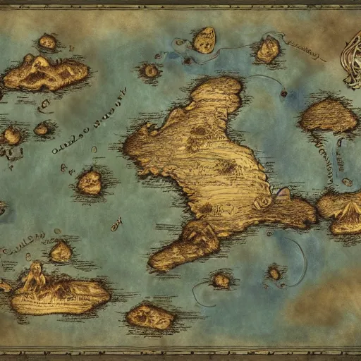 Image similar to simple fantasy map, the land of Odrua, several continents arranged in an arc, world of Lute, by JRR Tolkien and Brian Froud, Vatican Map Room, fantasy concept painting, Magic The Gathering Art, trending on art station, rivers, lakes, cities, villages, roads, showing kingdoms, oceans, continents, vast seas, open plains