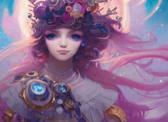 Image similar to close up picture of an maximalist dress magical girl, neat hair with bangs, smug face, extremely beautiful and aesthetic and detailed cute face and eyes, wipe out evils with cute astronaut familiar sprites, aming the magical beams to the camera, chiaroscuro, intricate, masterpiece, epic fantasy illustrations by peter mohrbacher and anato finnstark and jeremy lipking