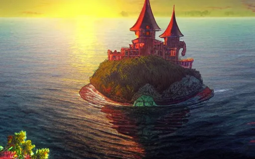 Prompt: an island with a giant castle on top of a giant turtle in the ocean, sunset, art by hayao miyazaki, studio ghibli film, hi res, 4k, high detail