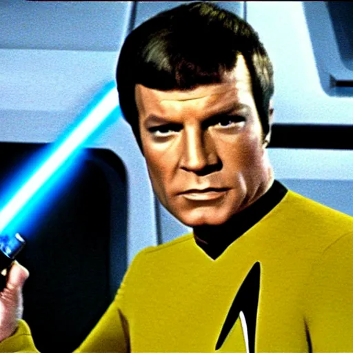 Prompt: captain kirk in Star Trek TOS holding a lightsaber, looking serious