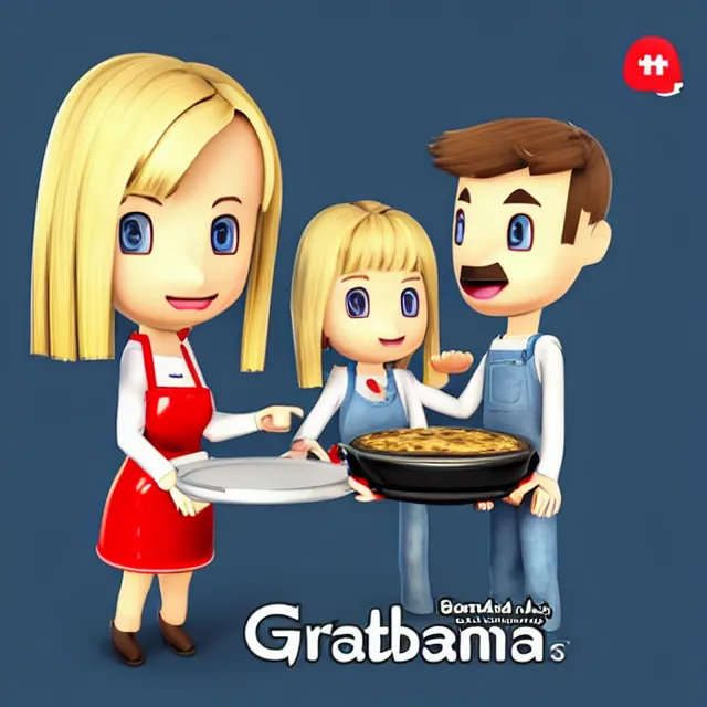 Image similar to videogame box art for the gratin maker 3 ds showing a blonde female mii and a brunette male mii smiling in a kitchen with a gratin in front of them, low poly, cgi cartoon, detailed