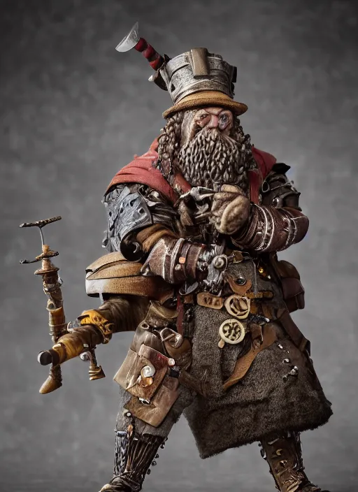 Prompt: 8 5 mm f 1. 8 photograph of a claymation steampunk warrior dwarf, highly detailed diorama, by erwin olaf, smooth, sharp foccus, commercial photography, fashion shoot