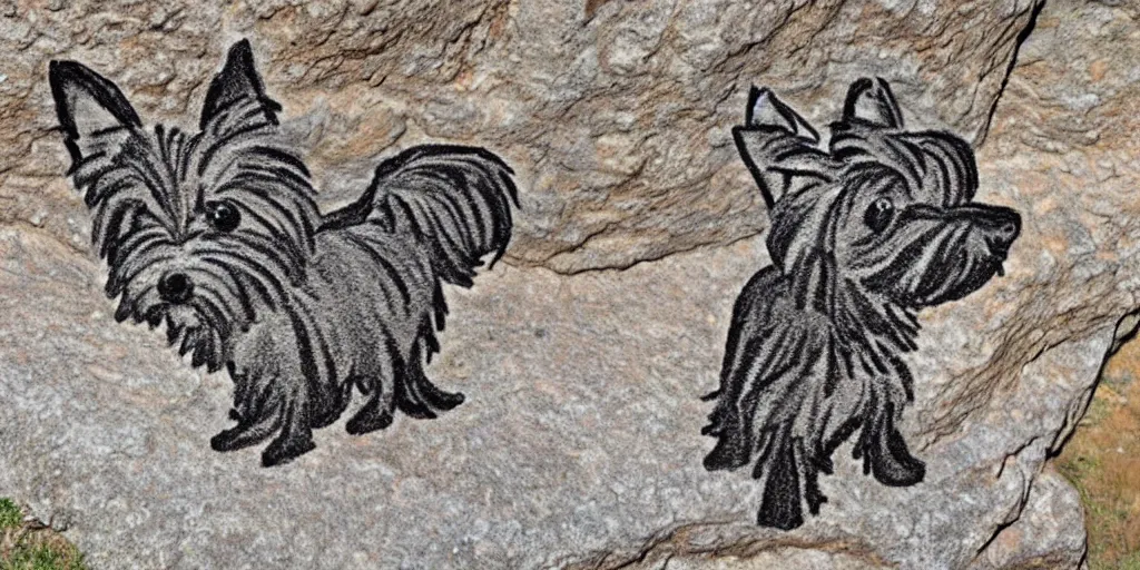 Image similar to A Yorkshire Terrier drawn on the stone of a cave, a petrogliph, art by Pueblan peoples, stone art