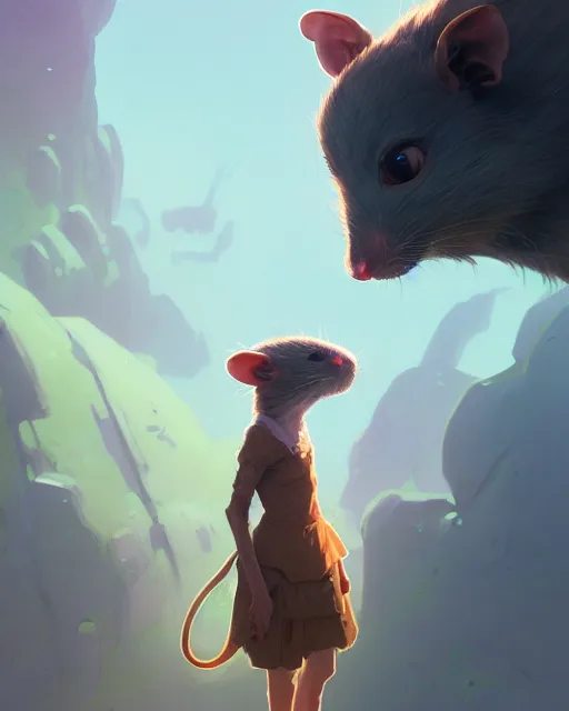 Image similar to highly detailed vfx portrait of a rat looking at you, unreal engine, greg rutkowski, loish, rhads, beeple, makoto shinkai and lois van baarle, ilya kuvshinov, rossdraws, tom bagshaw, alphonse mucha, global illumination, detailed and intricate environment