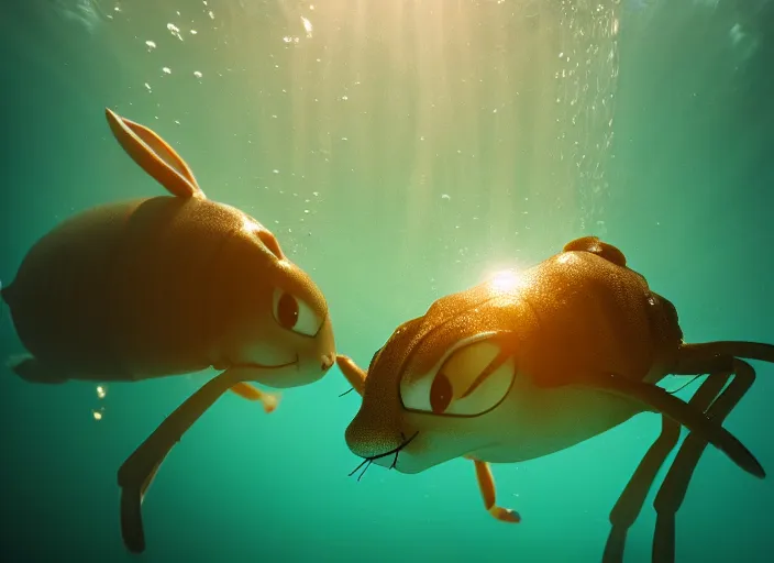 Image similar to under water bugs bunny, water light scattering, underwater photography, high details, 8 k, realistic shot, cinematic lighting