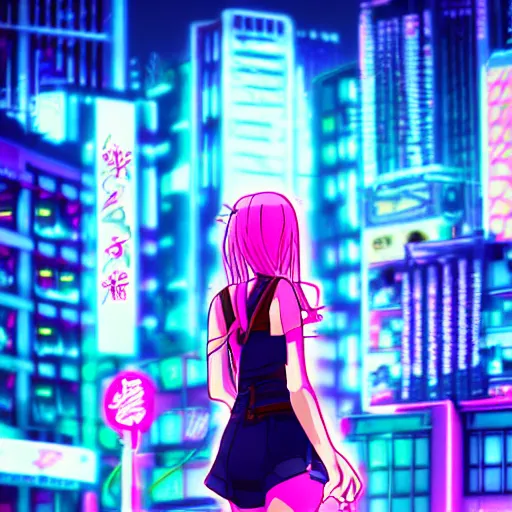 Image similar to anime girl in a synthwave city, center focus, neon tokyo, 4 k