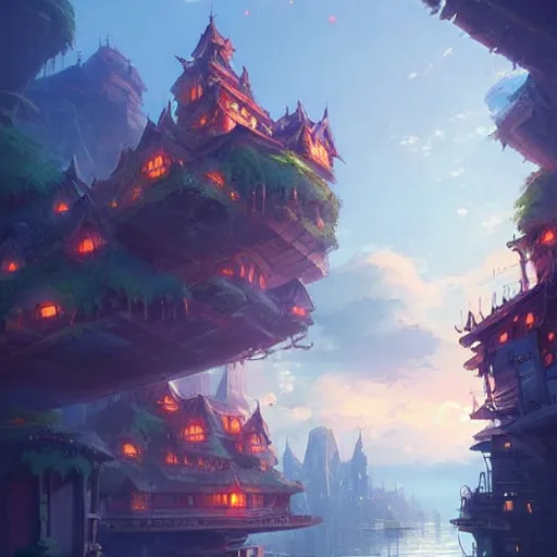 Prompt: cities on floating islands in the sky, islands connected by chains, breathtaking concept art, digital art, detailed, by andreas rocha