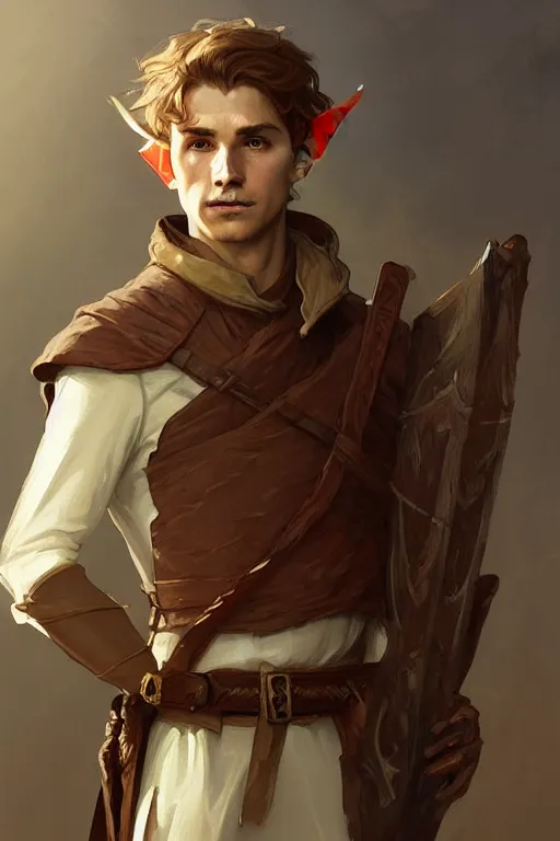 Image similar to portrait of a beautiful fit young elf male ranger, with fluent cloths, leather armor, by greg rutkowski and alphonse mucha, d & d character, gradient brown to white, autumn background, highly detailed portrait, digital painting, artstation, concept art, smooth, sharp focus illustration, artstation hq