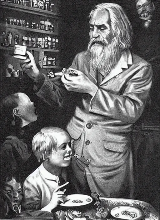 Image similar to vintage pharamaceutical magazine advertisement depicting charles manson feeding pills to children, by ernst haeckel