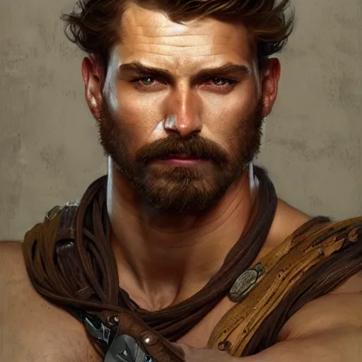 Image similar to portrait of a rugged ranger, muscular, upper body, hairy torso, D&D, fantasy, intricate, elegant, highly detailed, digital painting, artstation, concept art, matte, sharp focus, illustration, art by Artgerm and Greg Rutkowski and Alphonse Mucha