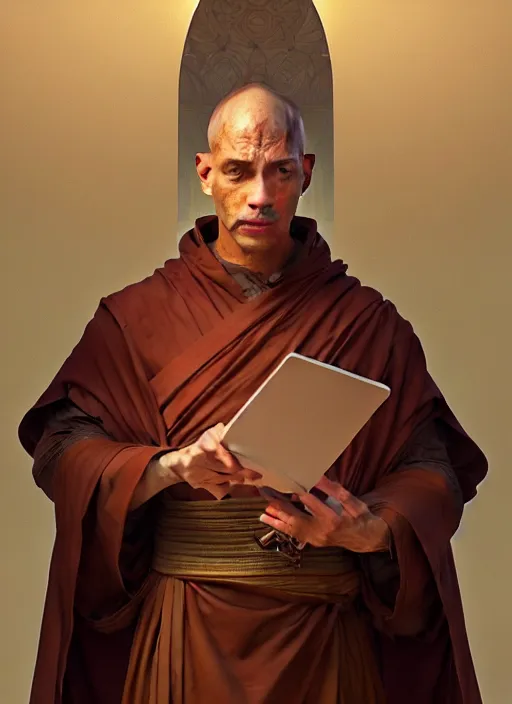 Prompt: portrait of a monk, solarpunk, intricate, elegant, highly detailed, ray tracing, digital painting, artstation, concept art, smooth, sharp focus, illustration, art by artgerm and greg rutkowski and alphonse mucha, 8 k