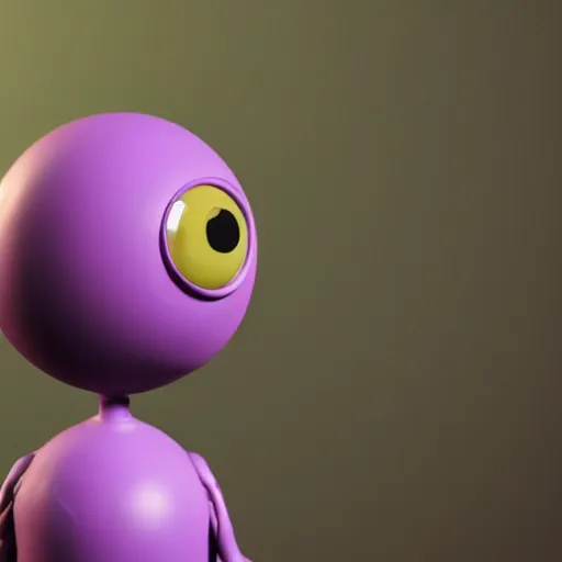 Prompt: photo of a clay model of character with large spherical purple head and tiny eyes with comically tiny body and spindly limbs leans close to the camera, fish eye lens, 4 k, hyper realistic, hyper detailed face, octane render