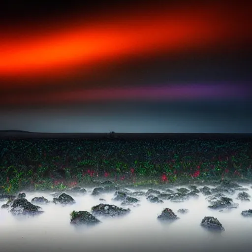 Prompt: a stunning, moody photograph from an alien planet. Vivid colors