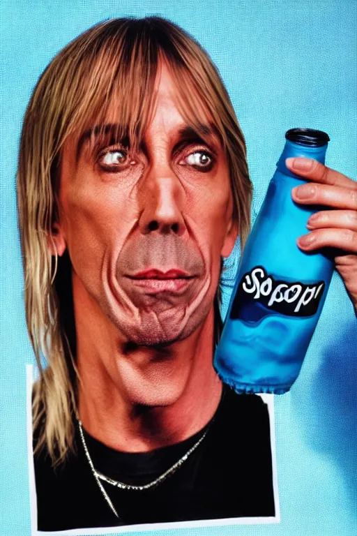 Prompt: a plastic bottle of sodapop with iggy pop's face on the label