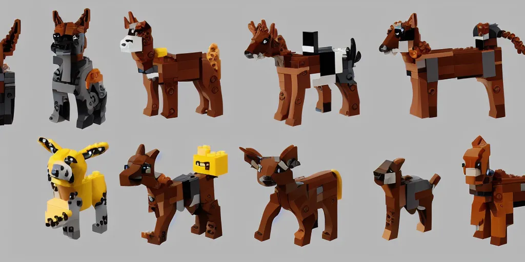 Prompt: animals made of lego bricks, four legged, quadrupedal, cute looking, kawaii, sharp focus, character sheet, game concept art