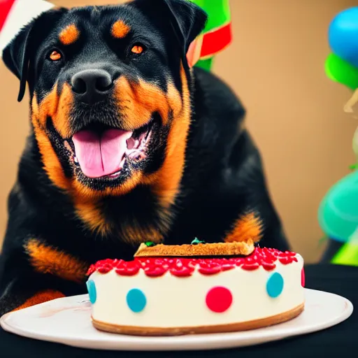 Prompt: a high - quality photo of a rottweiler with a birthday cake, 4 5 mm, f 3. 5, sharpened, iso 2 0 0, raw, food photography