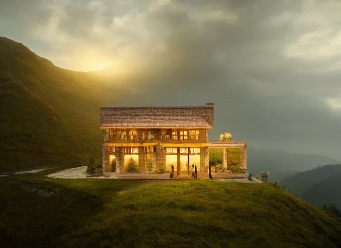 Prompt: a house built on top of a mountain, by ivan fedorovich, by ernesto strigelly choultse, cinematic lighting