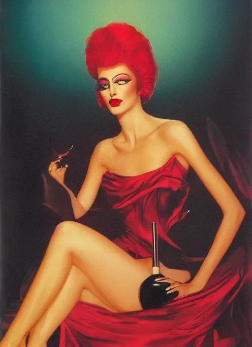 Image similar to an 8 0 s portrait of a woman with dark eye - shadow and red lips with dark slicked back hair dreaming acid - fueled hallucinations by serge lutens, rolf armstrong, delphin enjolras, peter elson