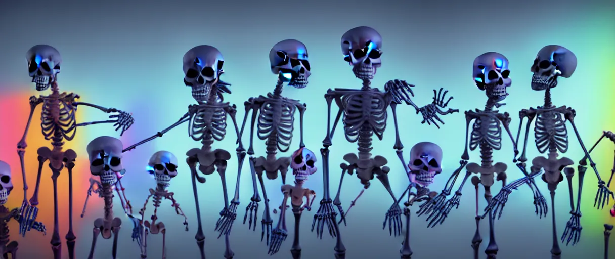 Image similar to hyperrealistic very cute multicolored skeletons mixing bones jason limon concept art dramatic blue lighting wide angle hd 8k sharp shallow depth of field