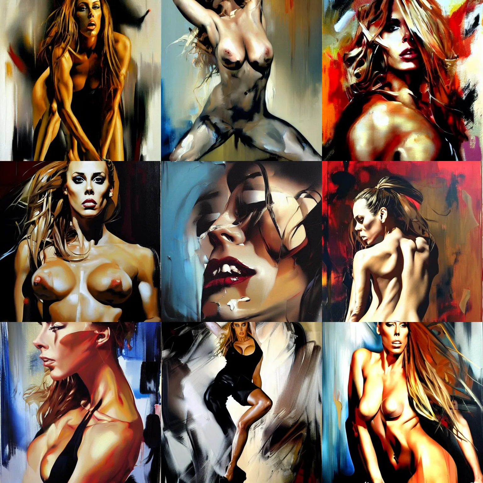 Prompt: Nicole Aniston, painting by phil hale, 'action lines'!!!, graphic style, visible brushstrokes, motion blur, blurry