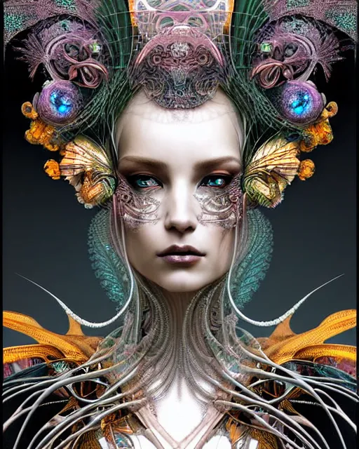 Image similar to hyperrealistic detailed portrait of a beautiful goddess in a cyber headdress, intricate cyberpunk make - up, art by android jones, ernst haeckel, nekro borja, alphonso mucha, h. r. giger, ornamental gothic - cyberpunk,