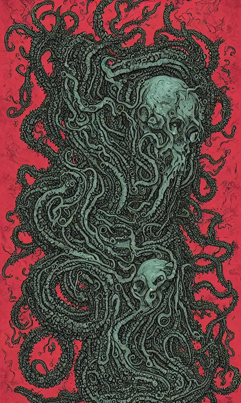 Image similar to a lovecraftian version of the cover of the necronomicon