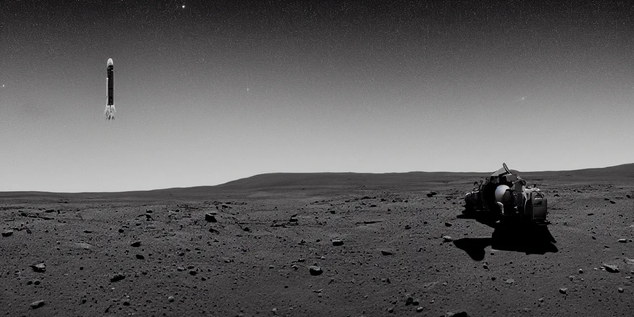 Prompt: black and white photo of a rocket landing on mars, stars and space in the dark background, cinematic film still, sharp focus, high contrast, wide angle view, astrophotography, 4 k