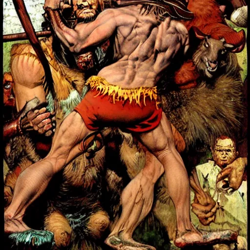 Prompt: goat man barbarian, ultra detailed, style of norman rockwell, style of richard corben, 4 k, rule of thirds.