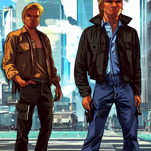 Image similar to [UHD MacGyver as a GTA character on the streets of futuristic laserpunk Dallas, correct face, intricate facial details, symmetrical face, elegant, graphic detail, digital painting, trending on artstation, concept art, tonalism, sharp focus, illustration, art by Akira Toriyama and Greg Rutkowski and Alphonse Mucha]