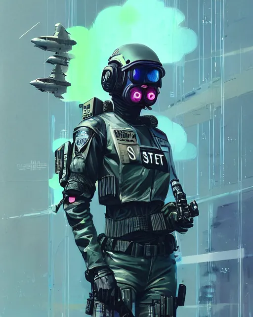 Prompt: detailed neon female swat officer flying a jet, cyberpunk futuristic, neon, reflective puffy coat, decorated with traditional japanese by ismail inceoglu dragan bibin hans thoma greg rutkowski alexandros pyromallis nekro rene margitte, wide angle, illustrated, perfect face, fine details, realistic shaded, fine - face, pretty face