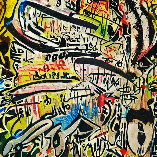 Image similar to arabic calligraphy, transylvanian folk art, in the style of graffiti, made by jean michel basquiat