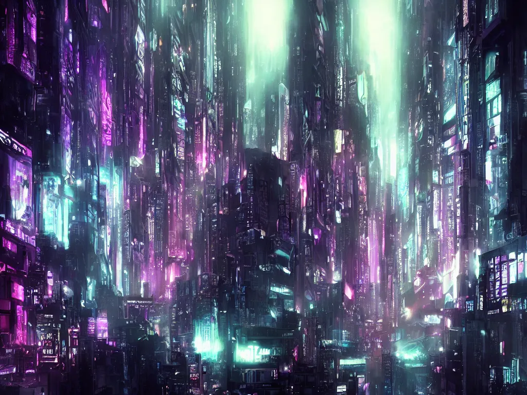 Image similar to blade runner city, high quality, cyberpunk, purple