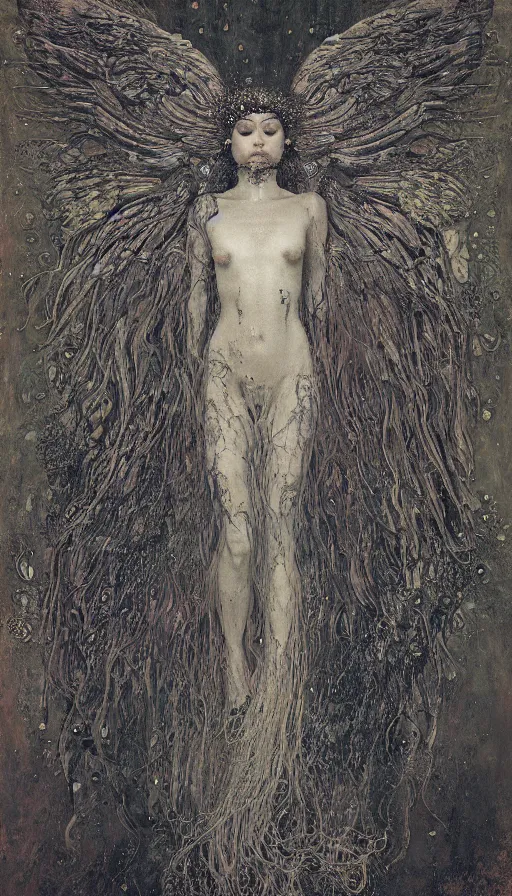 Image similar to wet plate photography of goddess with one wing reaching infinity and hungry souls around by klimt, artificial nightmares drawn by peter mohrbacher, zdzisław beksinski and thu berchs james gurney unreal engine octane, trending on artstation.