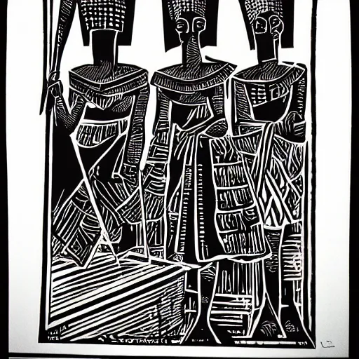 Prompt: monarchy as thieves, african lino cut, high contrast