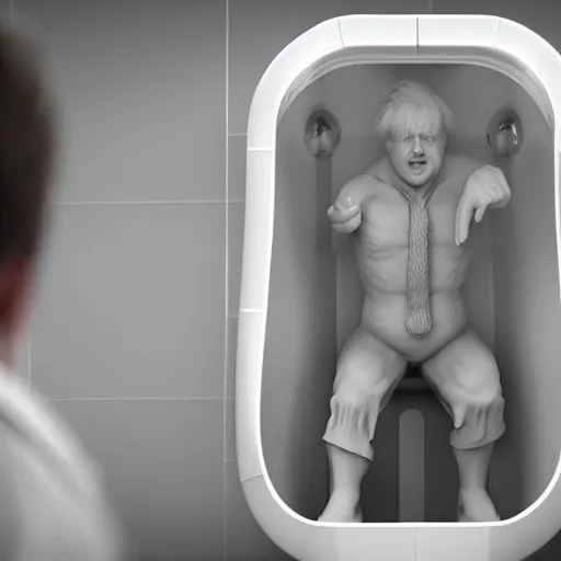 Image similar to movie scene of boris johnson as a urinal, wide shot, photorealistic, 8 k