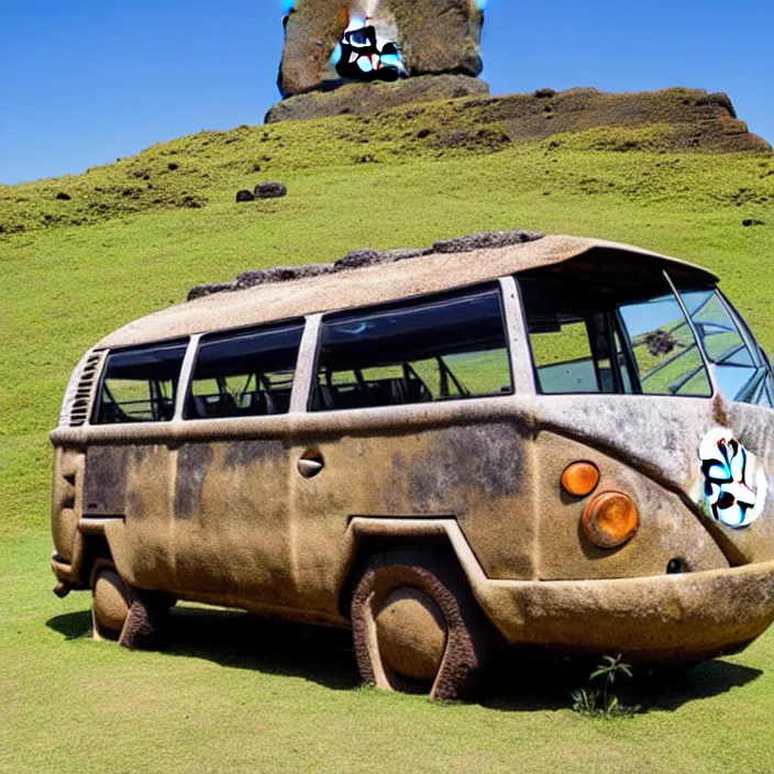 Image similar to ancient vw bus made of stone on the besch, moai from rapa nui style