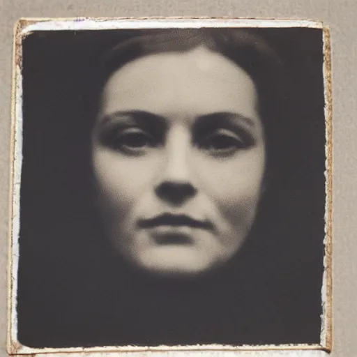 Prompt: antique photograph of a beautiful woman, sad eyes, cracked and faded photo paper, staring at the camera, headshot, dark background, low light, dark