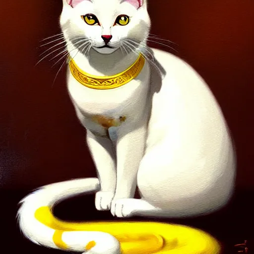 Prompt: painting of a cute white ( okami style ) ( ( kitsune ) ) cat budda with yellow patterns, plain white background, no people, art by jc leyendecker, phil hale, angular, brush strokes, painterly, crisp, portrait of a cat, cat portrait painting