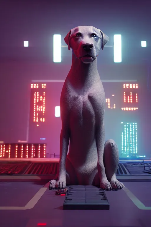 Prompt: high quality 3 d render very cute cyborg labrador dog plays drums, 3 heads, cyberpunk highly detailed, unreal engine cinematic smooth, in the style of blade runner & pixar, hannah yata charlie immer, moody light, low angle, uhd 8 k, sharp focus