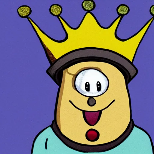 Image similar to a cartoon style bean with eyes and a mouth, holding a staff, wearing kings crown, cartoon, art, cartoon realism,