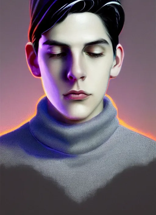 Image similar to portrait of teenage jughead jones wearing a light grey crown, crown, blue turtleneck, 1 9 5 0 s, closed eyes, photorealistic, black hair, glowing lighting, intricate, elegant, glowing lights, highly detailed, digital painting, artstation, concept art, smooth, sharp focus, illustration, art by wlop, mars ravelo and greg rutkowski